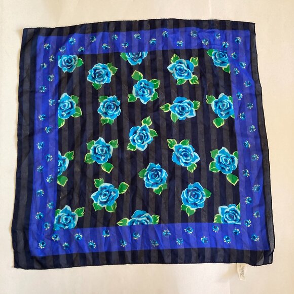 Vintage Blue Roses Rose Flower Scarf Floral 20 X 20" Made in Italy Chiffon Green - Picture 12 of 16